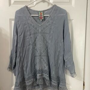 Johnny Was Blue Embroidered Flowy Boho Blouse